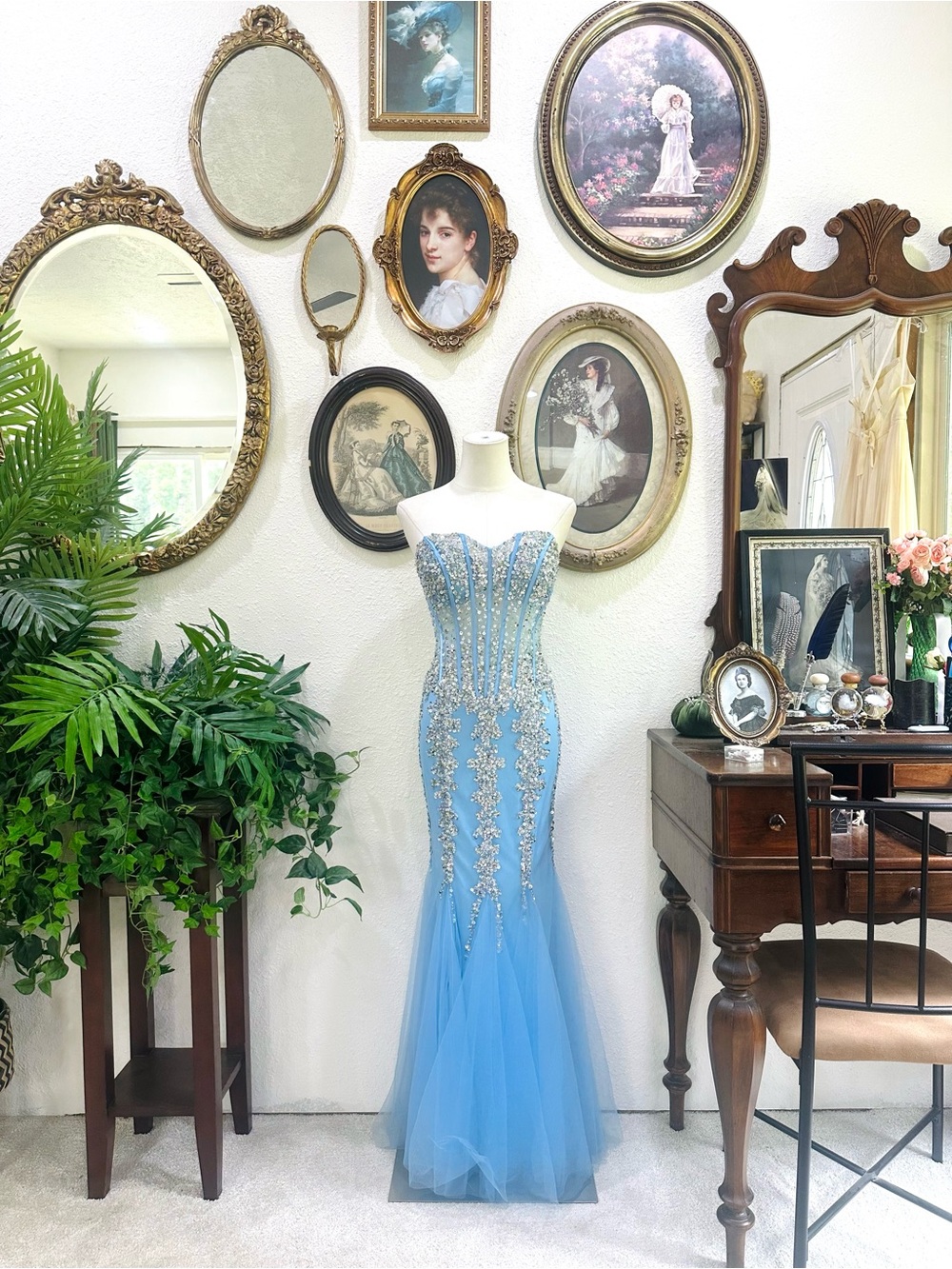 Jovani Light Blue Strapless Beaded Mermaid Gown
